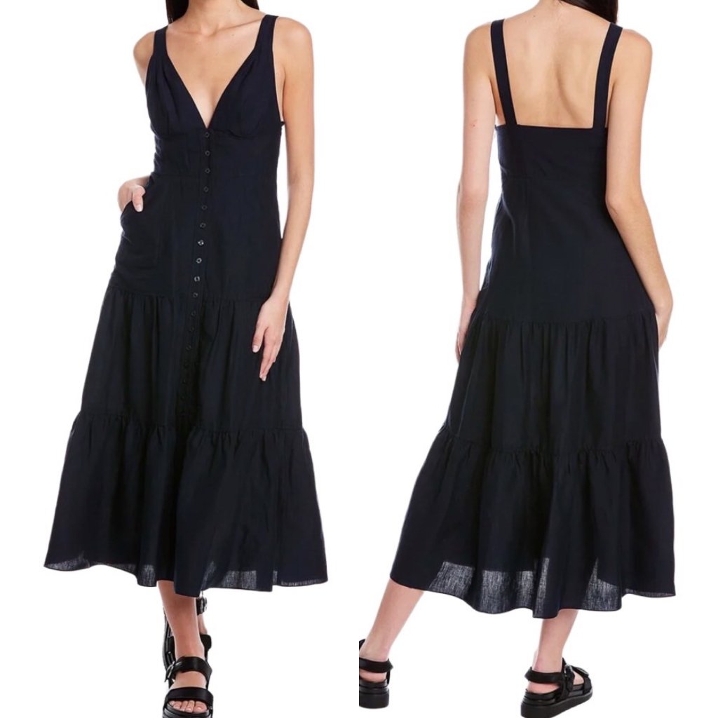 A.L.C. Jolie Silk & Linen Blend Tiered Button Front Midi Dress In Navy Blue Sz 2